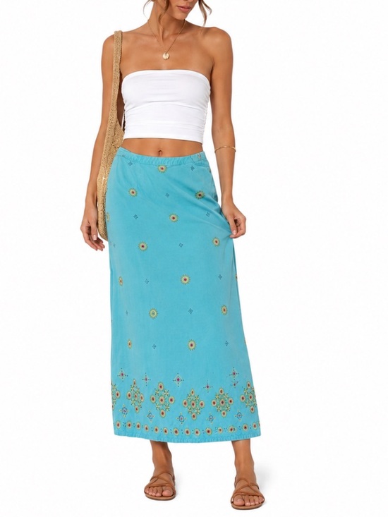Russ Berens Dresses & Skirts - VTG Y2K Aqua Embroidered Statement Maxi Skirt Resort Coastal Boho Tropical Small